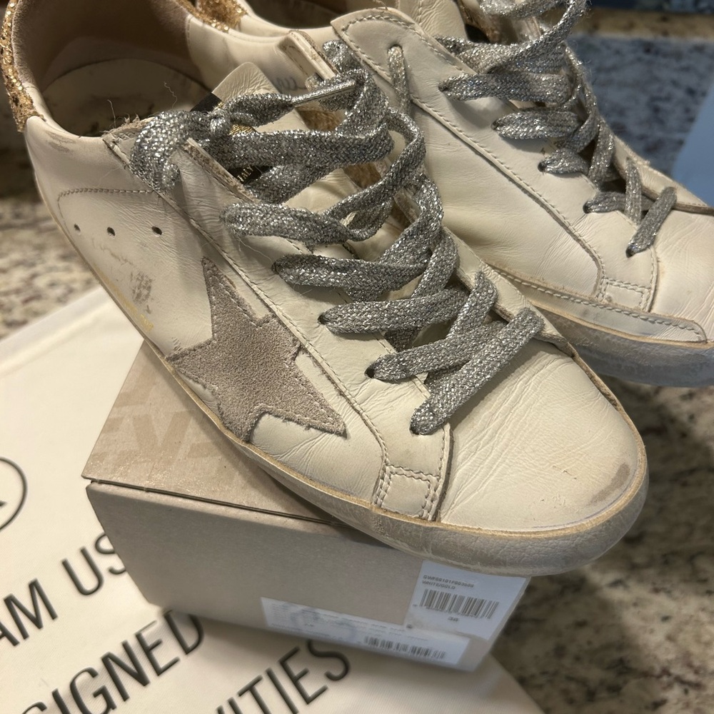 Golden Goose White and Silver Distressed Sneakers